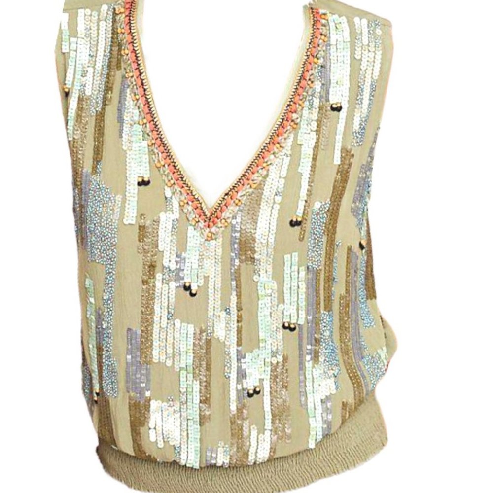 NWOT ANTHROPOLOGIE BLANK ARIANNA BEADED V-NECK TOP, sz L - Picture 2 of 8